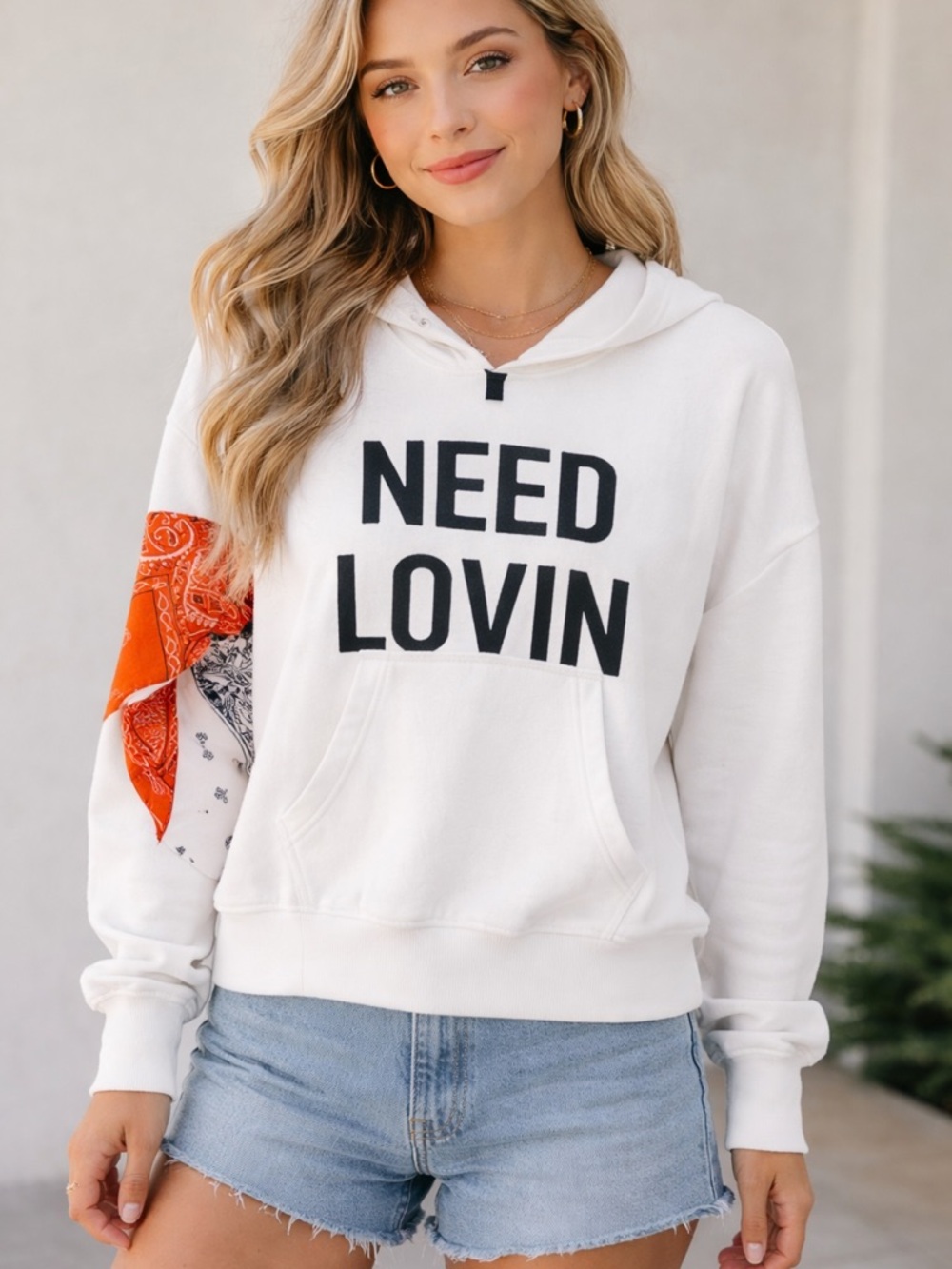 Daydreamer White "Need Lovin" Hoodie with Orange Sleeve Accent L boho casual